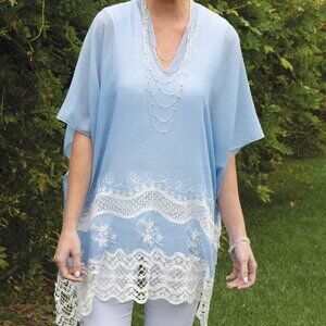 Lace Embroidered Light Weight Swimsuit Cover-Up Tunic Poncho Blue Cream NWT